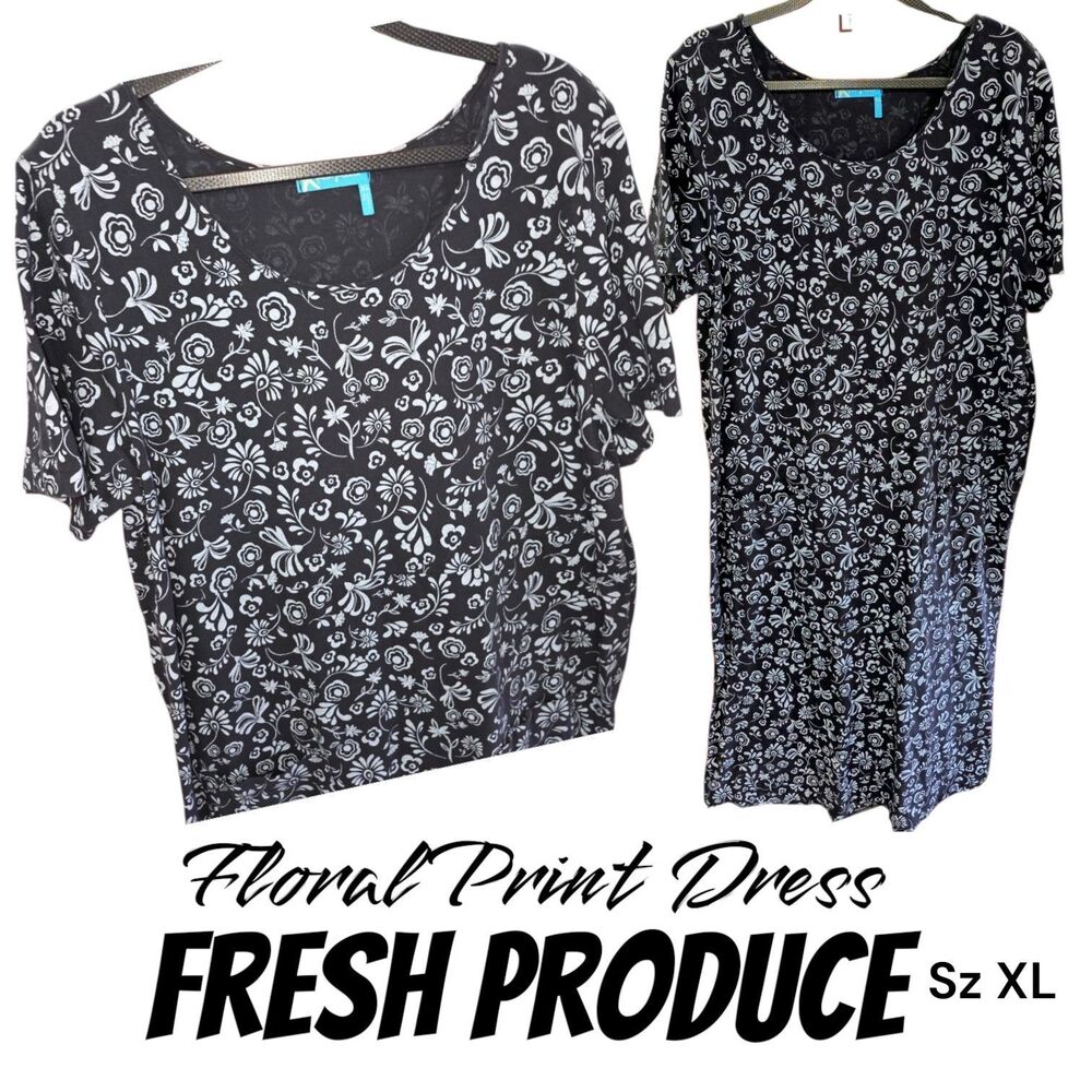 Fresh Produce XL Black w/White Floral Print Minimalist Scoop Neck S/S Midi Dress